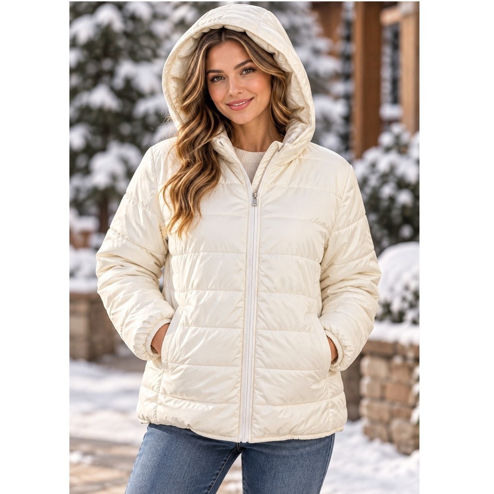 Ci Sono Puffer Jacket Ivory Sherpa Lined Hooded Quilted Winter Coat Minimalist L